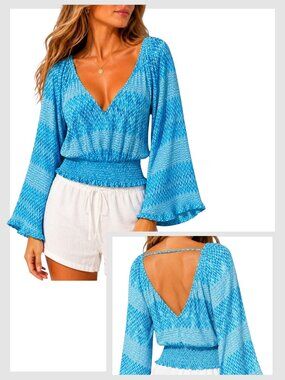 Ramy Brook Stella Blouse Blue Bell Sleeve Smocked Waist XS